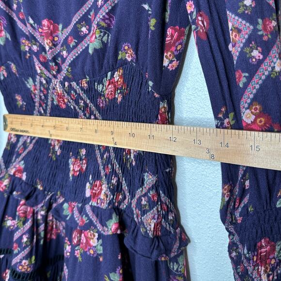 Rahi Cali Purple Multi Color Floral Print 3/4 Sleeve Ruffle Mini Dress XS - Picture 13 of 14